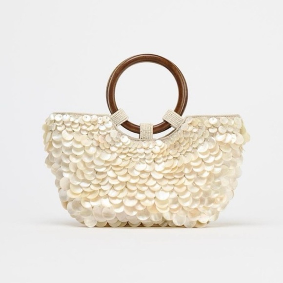 Zara Faux Mother of Pearl Shell Appliqué Bag Purse Crossbody Bohemian Wedding - Picture 2 of 5